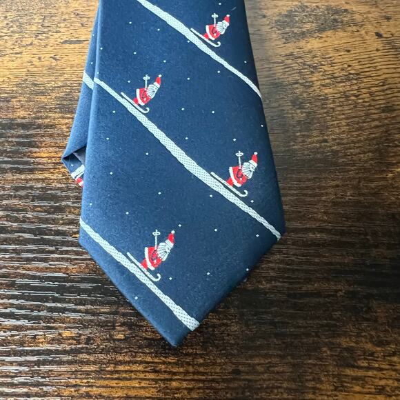 Christmas Santa Tie Skiing 3" Slim Necktie Navy Red Novelty Snow Stripe Holiday - Picture 3 of 7